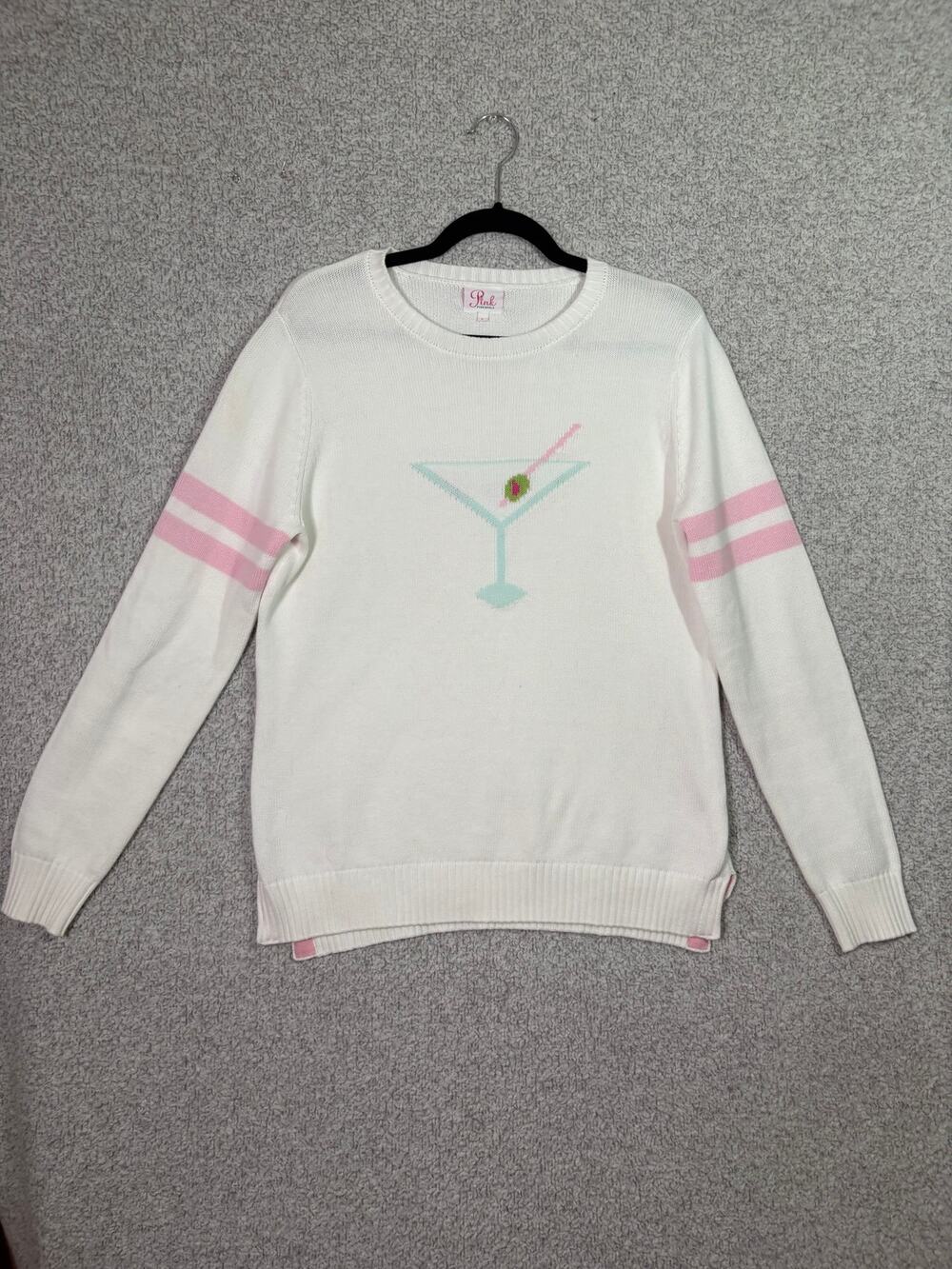Pink Pineapple L Martini Cocktail Cotton Sweater Preppy White